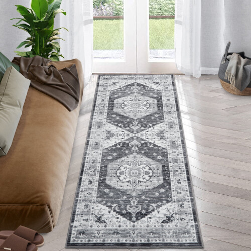 Persian Runner Rug Gray 2x6 Ft Washable Boho Non-Slip 1