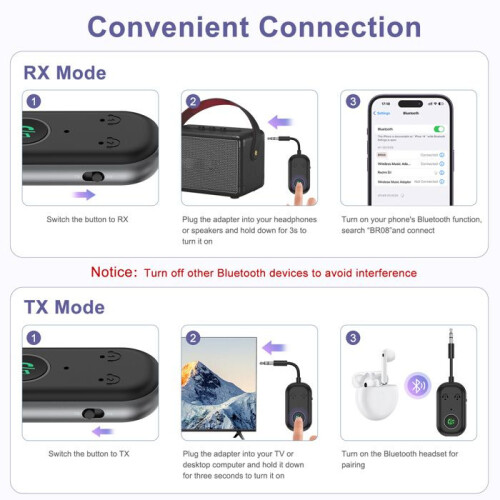 Transmisor-receptor Bluetooth - ORIA - BT5.3 - Bluetooth 5.3 - Conexión dual - Conector de 3,5 mm 2