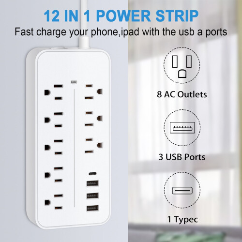 Htovila surge protector socket with 8 AC outlets 1 USB-C 3 1