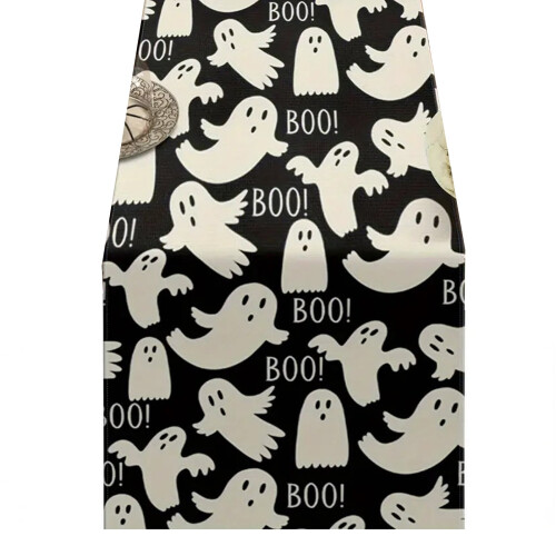 Pink Halloween table runner with ghost and pumpkin print