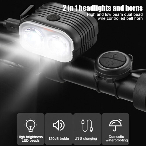 Bicycle headlight and bell combo waterproof USB rechargeable