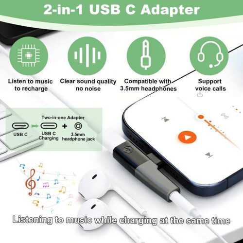 Προσαρμογέας υποδοχής USB-C σε 3,5 mm - 2 σε 1 - Φόρτιση + αναπαραγωγή ήχου 24-bit/96kHz - Γ 2