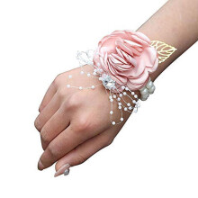 Bridesmaid wrist flower corsage pink silk with pearl