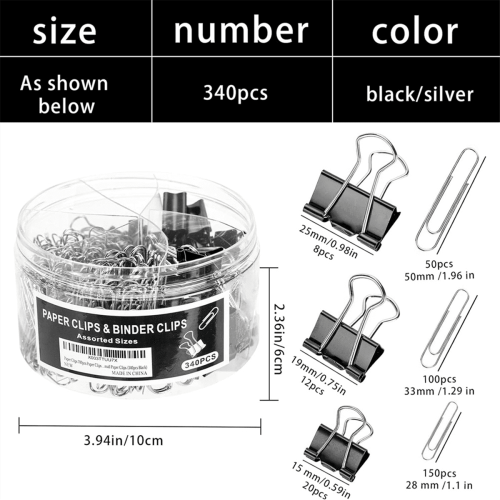 Set van 340 paperclips en bindclips in diverse maten. 2