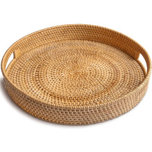 POWKOL round rattan serving tray 13.8 inch with handles