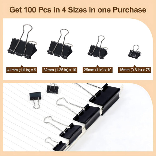 Zwarte metalen bindclips, diverse maten, 100 stuks 1