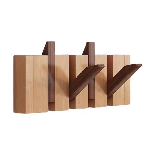 Natural Wood Wall-Mounted Coat Rack with 4 Flip Hooks