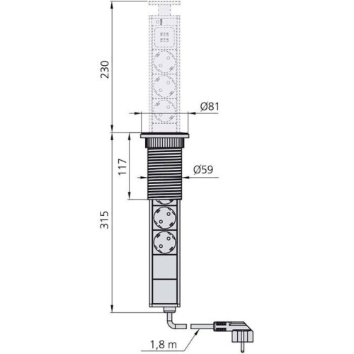 Emuca Vertical Liftable Multiconnector, EU, Painted in black, Plastic and Aluminium. 2