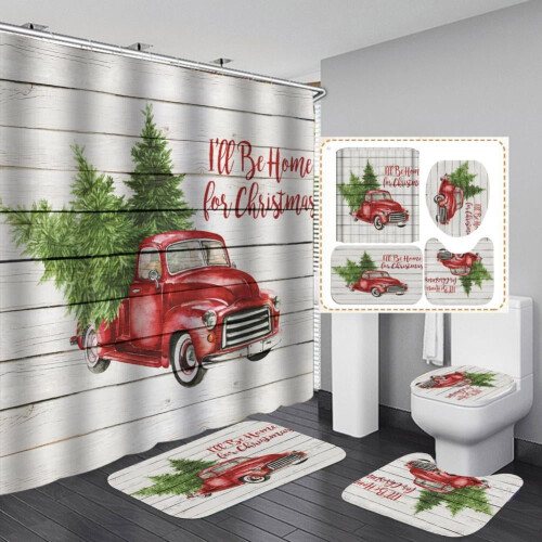 Christmas Shower Curtain Mat Set 4PCS Non-Slip