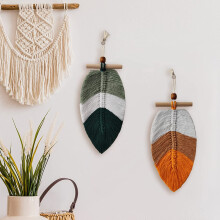 Fymlhomi Boho Blad Wanddecoratie, 2 Stuks Macramé Veren Blad Hangend, Geweven Katoenen Ornament met Houten Kraal, Kleine Boheemse Voorstukken