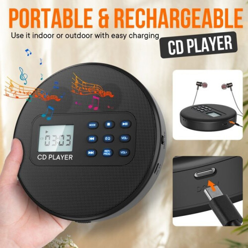 Portable CD Player - BYTELIKE - CD - LCD Screen - Stereo Speakers - USB Charging 2