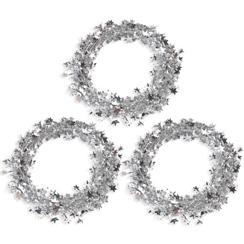 Star Tinsel Garland with Wire Silver 25ft 3PCS