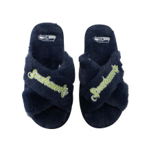 FOCO Dames NFL Team Logo Cross Band Zachte Pluche Fuzzy Cosy Open Teen Huisschoenen Slippers, Seattle Seahawks, M 7-8