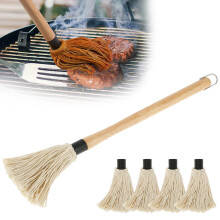 Grill basting mop with wooden handle and 4 replacement heads