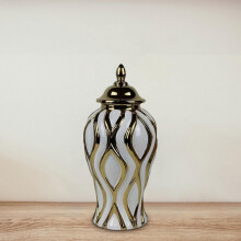 Ceramic ginger jar vase with lid white gold medium