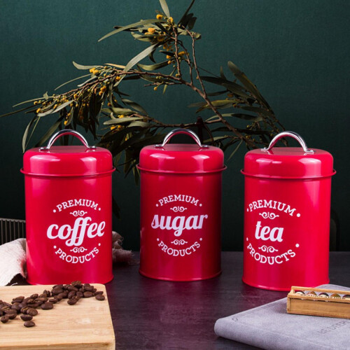 Metal Coffee and Tea Storage Tin 1200ml 3 Pack Red
