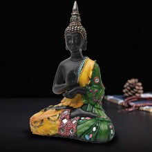 Thai Seated Buddha Statue Polyresin 7 Inches Green Yellow