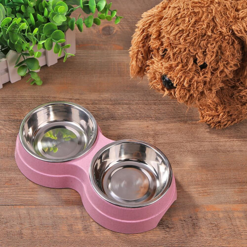 HBASD dog double bowl stainless steel pink 1