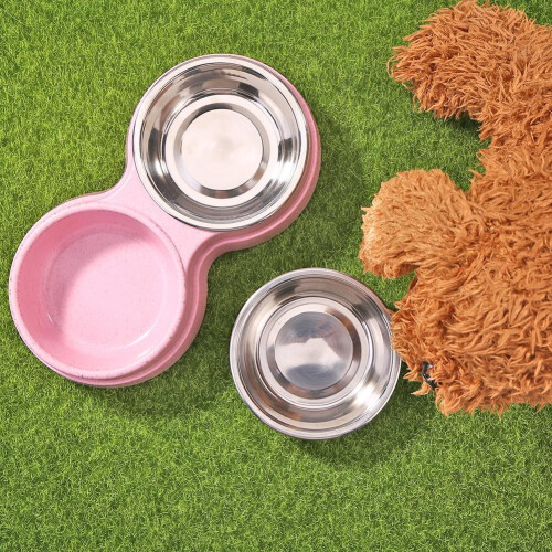 HBASD dog double bowl stainless steel pink 2