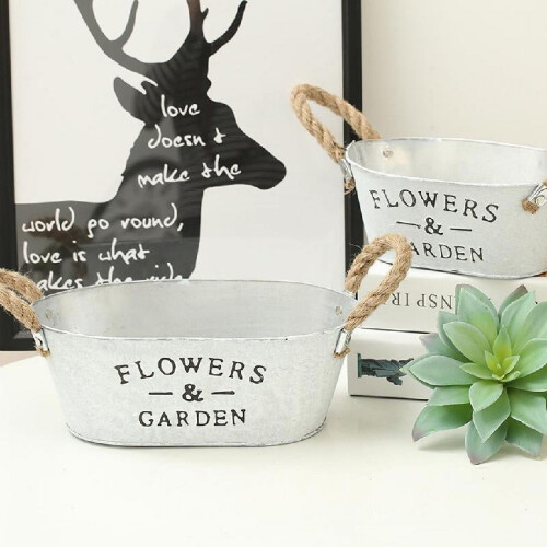 Rustic White Bucket Flower Pot with Twine Handles 1 pc 1