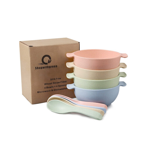 Kids Bowls Set with Spoons Wheat Straw Small 4-Piece 1