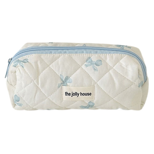 Cotton quilted bow makeup bag blue small