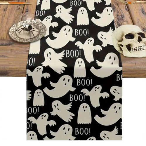 Pink Halloween table runner with ghost and pumpkin print 1