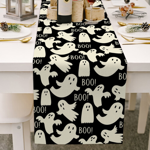Pink Halloween table runner with ghost and pumpkin print 2