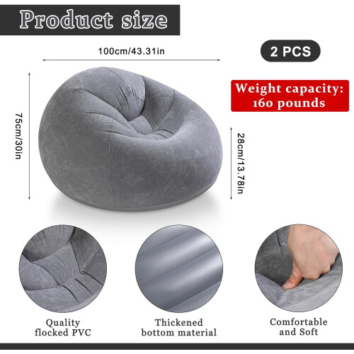 Inflatable Bean Bag Chair for Adults Dark Grey 2 Pcs 1