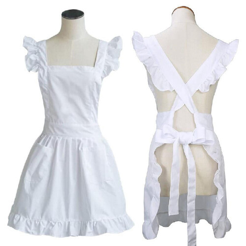 Retro White Apron with Pockets Adjustable Bib 1