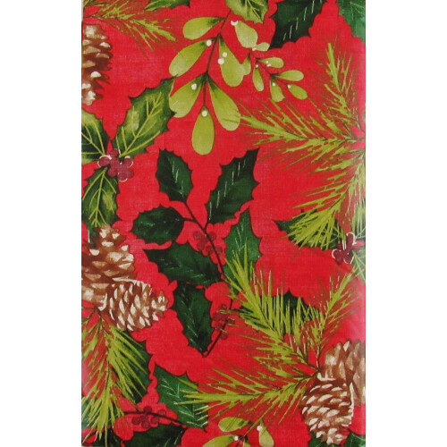 Christmas tablecloth with holly mistletoe pine branches red 1