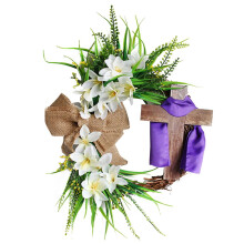 Easter wreath with cross and lily tulip bow 16 inch