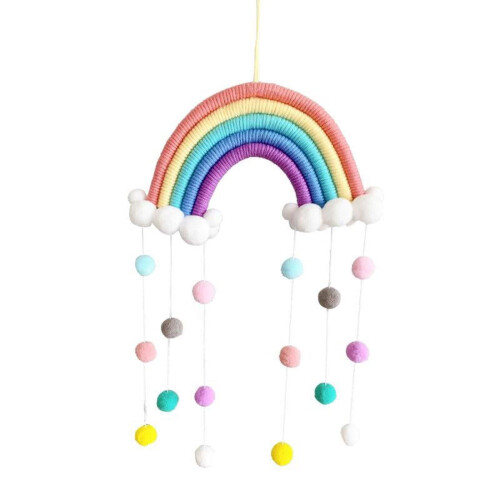 Rainbow wall hanging decor with pastel pom poms