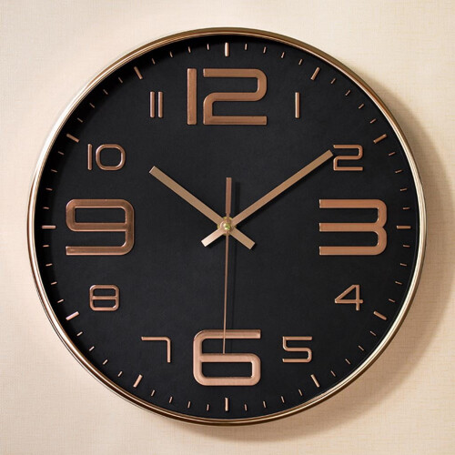 Round Wall Clock Silent Battery Operated Black Gold