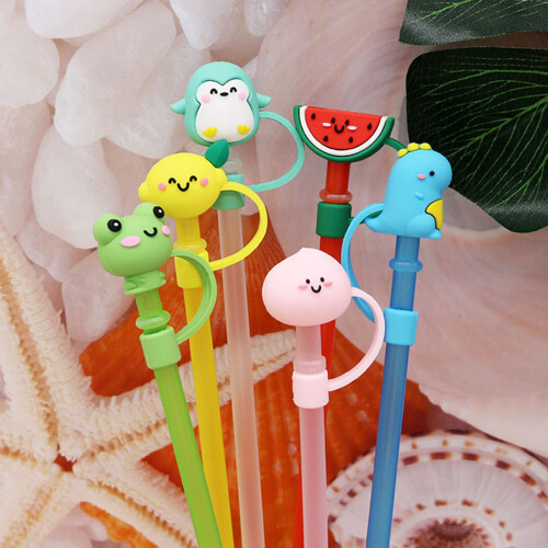 Pink Silicone Straw Lids Cartoon Design 2 pcs