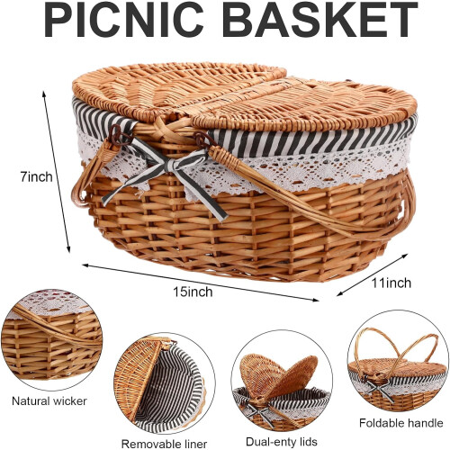 Picnic Basket Set Grey Wicker with Blanket Bamboo Plates 1