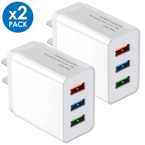 USB Wall Charger 3-Port 3.1A 2-Pack