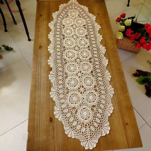 White cotton crochet table runner oval 16 x 35 inches