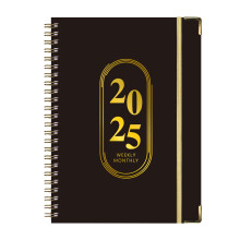 Lksixu2025Planner tekercses jegyzetfüzet, A5-ös keményfedeles fülekkel, 120 g/m² vastag papír, heti és havi szervező, rugalmas záródás,