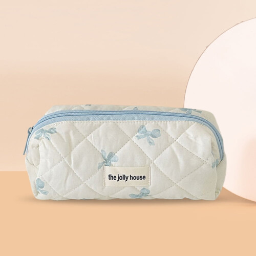 Cotton quilted bow makeup bag blue small 1