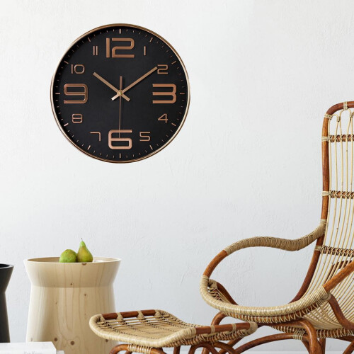 Round Wall Clock Silent Battery Operated Black Gold 2