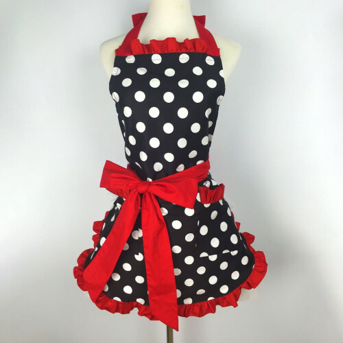 Retro polka dot apron with ruffle and pockets, adjustable 1