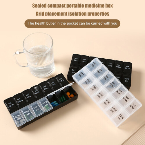 Pink pill organizer with letters, 14-compartment weekly