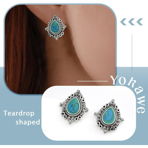 Boho turquoise stud earrings vintage silver 1 pair 2