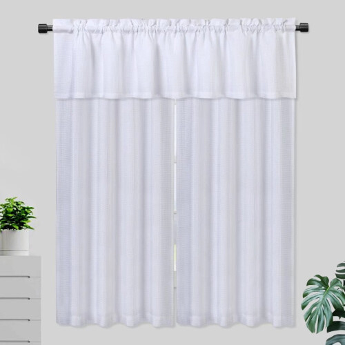 Kitchen curtain and valance set waffle weave blackout white