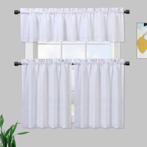 Kitchen Cafe Curtains Waffle Texture Light Filtering White 1