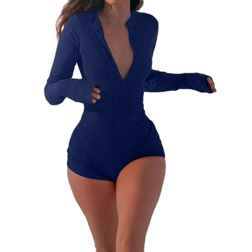 Women's unitard navy blue round neck long sleeve