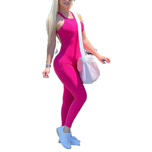 Women's hot pink plain halter neck unitard