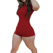 Women's unitard red plain round neck short sleeve