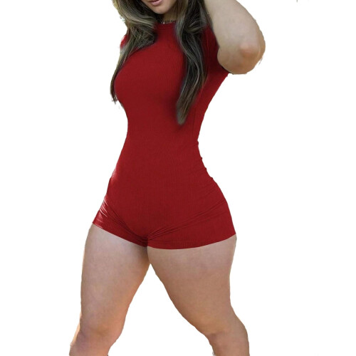 Women's unitard red plain round neck short sleeve